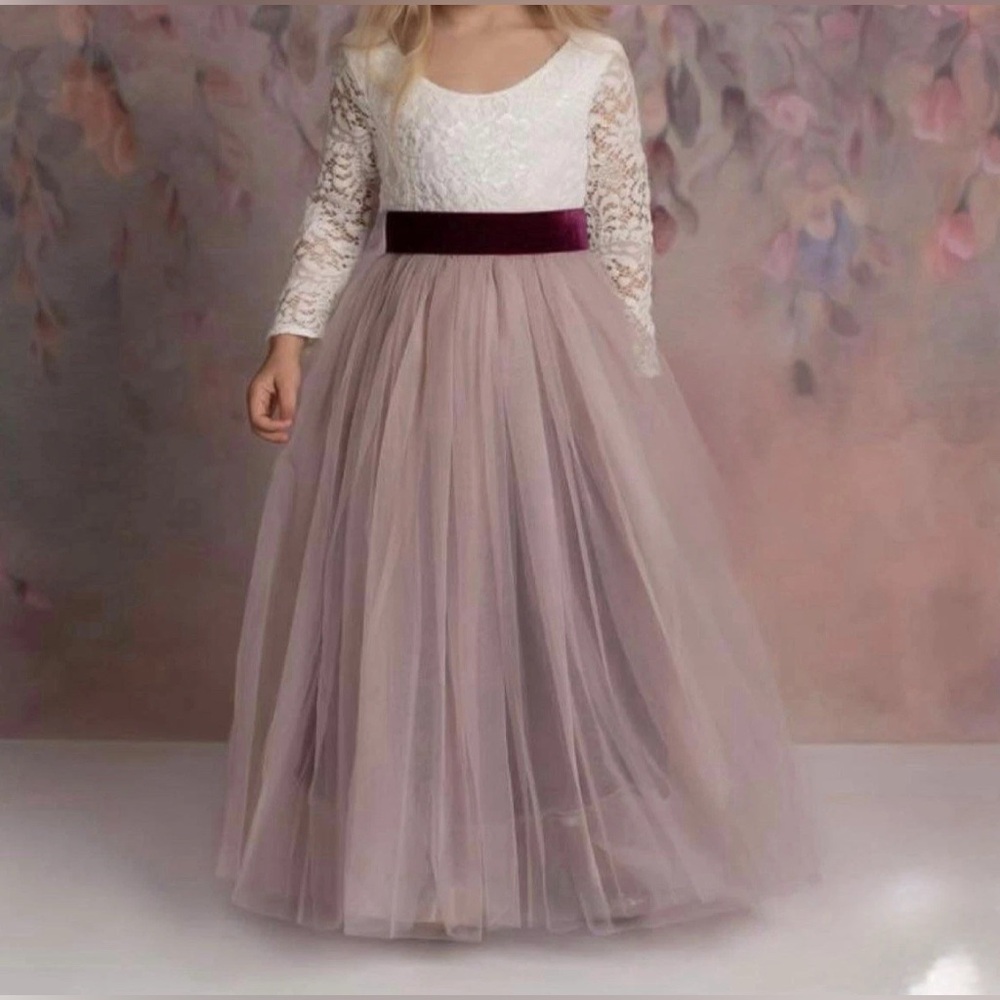 Elegant Lace Tulle Boho Inspired Kids Dress Sz 6 Burgundy Dusty Rose Wedding